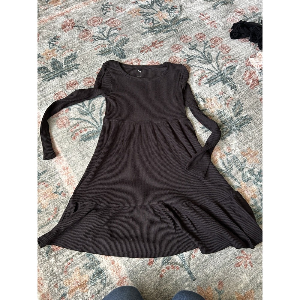 SO Ribbed Long Sleeve Tiered Dress Women S Black Fairycore Whimsigoth Stretch